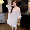 Luxurious Lace Patchwork Ice Silk Nightgown - Feather Lace Five-Point Sleeve Boyfriend Shirt Pajamas