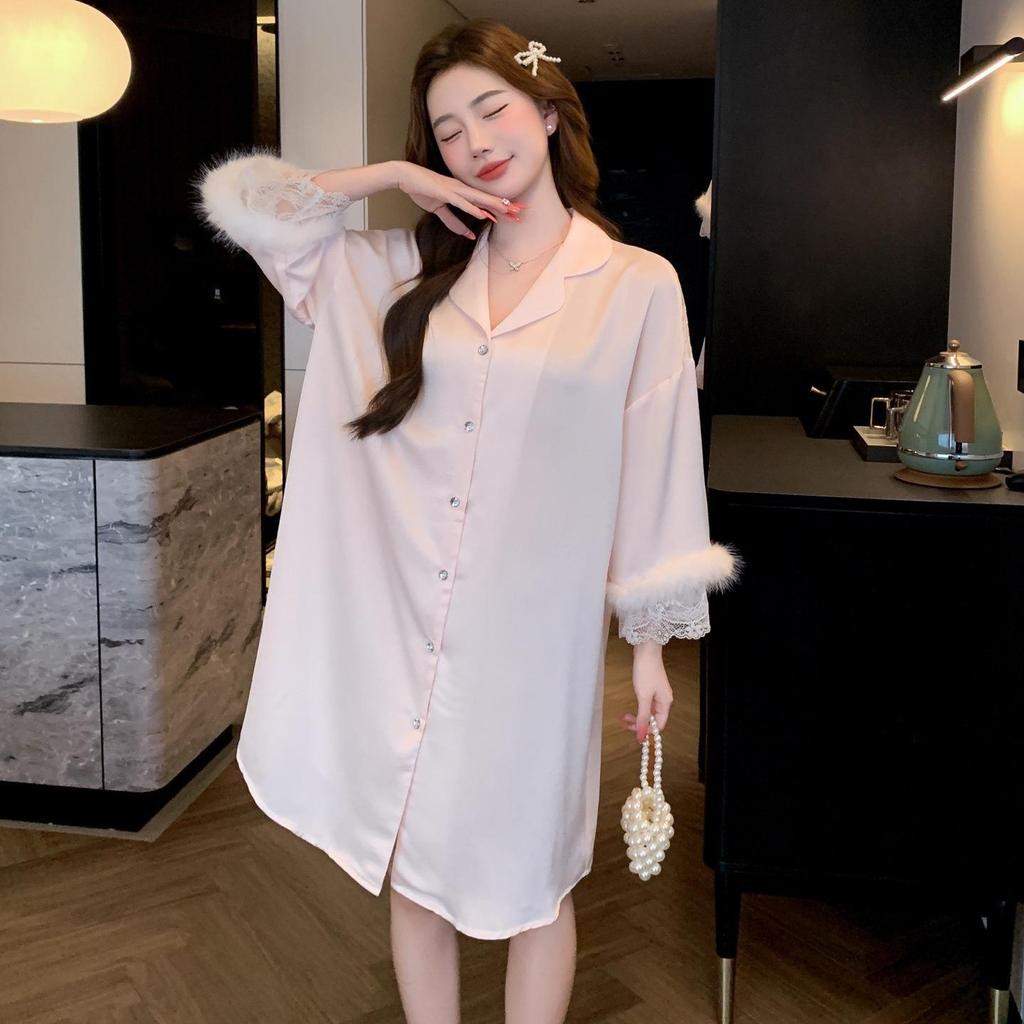 Luxurious Lace Patchwork Ice Silk Nightgown - Feather Lace Five-Point Sleeve Boyfriend Shirt Pajamas