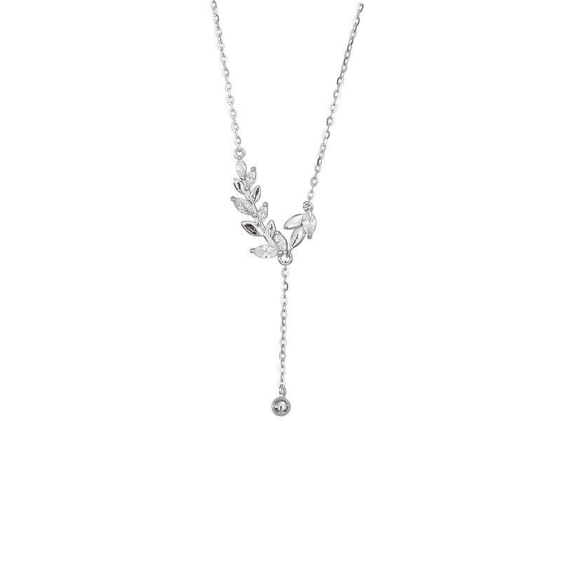Diamond-Encrusted Wheat Ear Necklace Design Sense Lucky Tassel Long Leaf Pendant Collarbone Chain