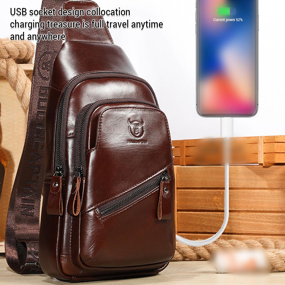 Ekte skinn slyngeveske for menn Retro skulderveske Brystveske med flere lommer med USB-ladeport