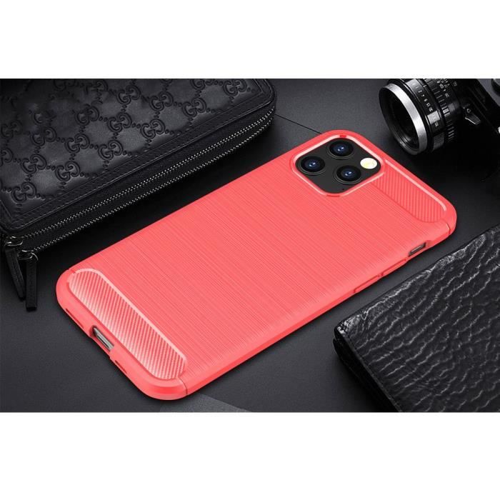 Coque Silicone + Verre Trempé pour iPhone 12, Motif Fibre de Carbone Souple Antichoc - Rouge
