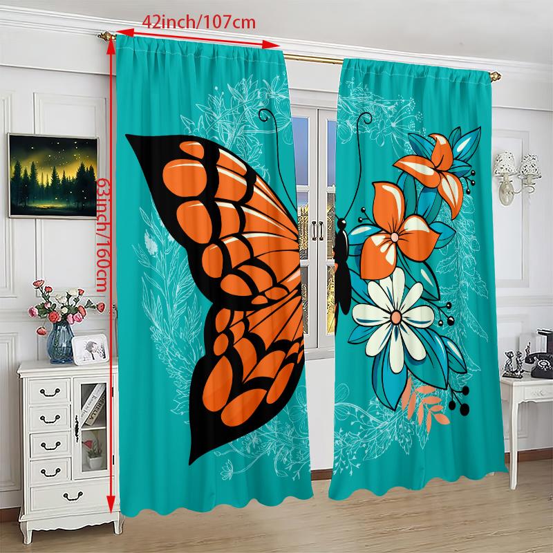 2PCS- Flower and Butterfly - Printed Curtain - Polyester Material - Suitable for Bedrooms, Living Rooms, Study Private Spaces