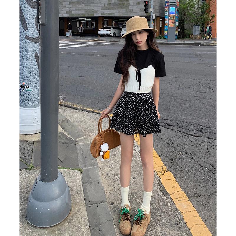 

Новая женская черная миди-юбка с цветочным принтом и принтом в горошек, с высокой талией - Зрелый летний стиль 2XL чёрный