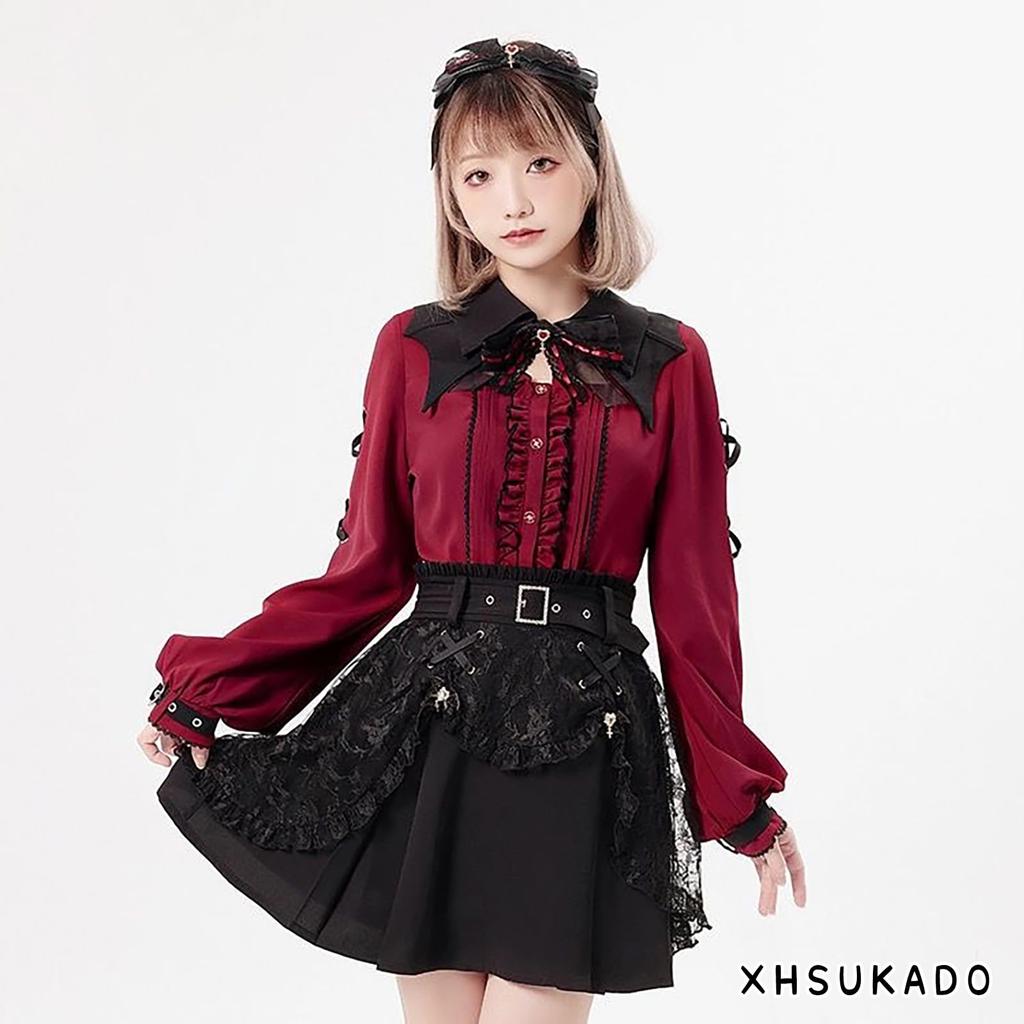 XHSUKADO Long Detachable Ribbon and Ruffled Gothic Yami Student Size S Women's Lace-Up Blouse, Sleeve, Spring/Autumn, Brooch, Lace, Style, Kawaii,