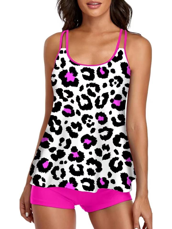 Popular Plus Size Women's Tankini: Halter Vest & Flat Leg Swim Trunks with Loose Print
