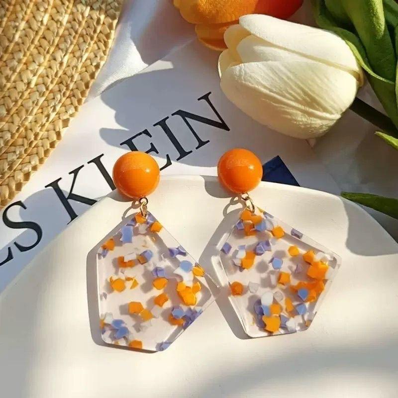 Color Gentle and Sweet Oil Painting Orange Geometric Earrings Pentagram Contrasting Colors Fresh Personality Versatile Trendy Earrings