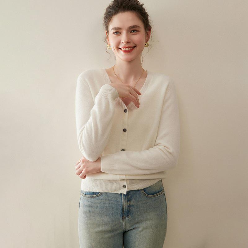 Women's V-neck Pure Cashmere Knit Cardigan - Soft & Fluffy Autumn/Winter Layer
