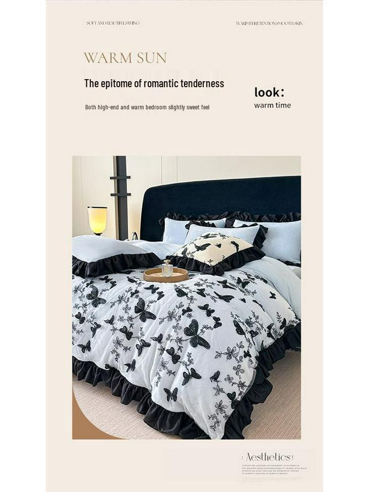 G5ZG5Z Korean Winter Velvet 4-Piece Set: Princess Style with Double-Sided Fleece and Lace Edging Quilt Cover.