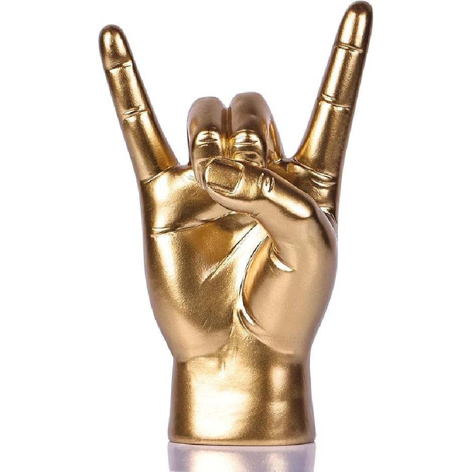 QIANLING 7.7" Gold Resin Rock On Hand Gesture Statue - Rock Culture Music Lovers' Decorative Tabletop Sculpture for Bookshelf, Desk & Mantel Decor in