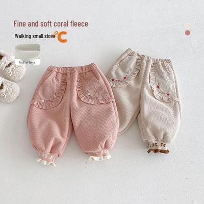 Girls' Fleece-Lined Korean Style Embroidered Joggers – Winter 2025 Children's Thick Sweatpants