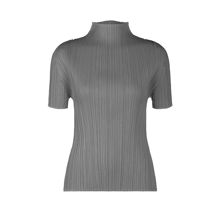 Miyake Women s High Neck Pleated Bodycon Short Sleeve Top Size 3 темно-серого