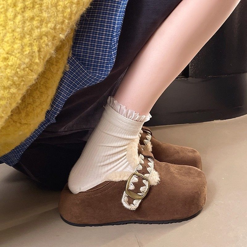 Platform cotton shoes women's warm retro brown velvet winter pedal fluffy shoes good-looking Birkenstock