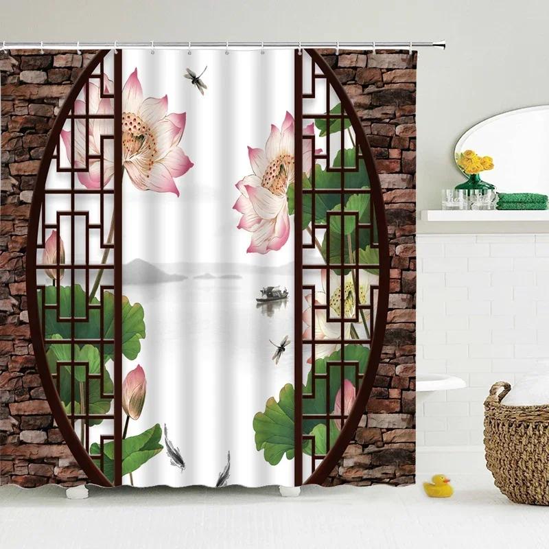Duschvorhänge im chinesischen Stil mit Blumen und Vögeln, wasserdicht, Badezimmervorhang, 3D-bedruckter Stoff mit Haken, Dekoration, Duschvorhang