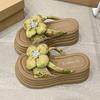 Fashion 8CM Heels Chunky Slippers For Women Open Toe High Platform Canvas Sandals Woman New Summer Thick Bottom Beach Flower Flip Flops