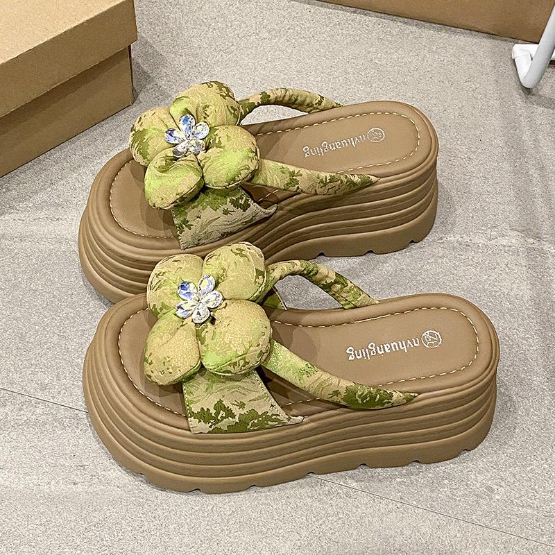 Fashion 8CM Heels Chunky Slippers For Women Open Toe High Platform Canvas Sandals Woman New Summer Thick Bottom Beach Flower Flip Flops