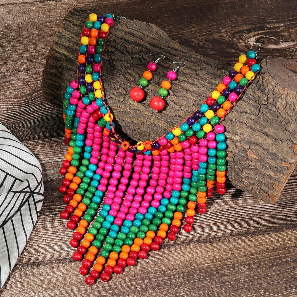 Ensemble de Bijoux Africains Bohème Vintage Fait Main Collier Ras-du-cou Perles de Bois Boucles d'Oreilles Pour Femmes Accessoires de Fête