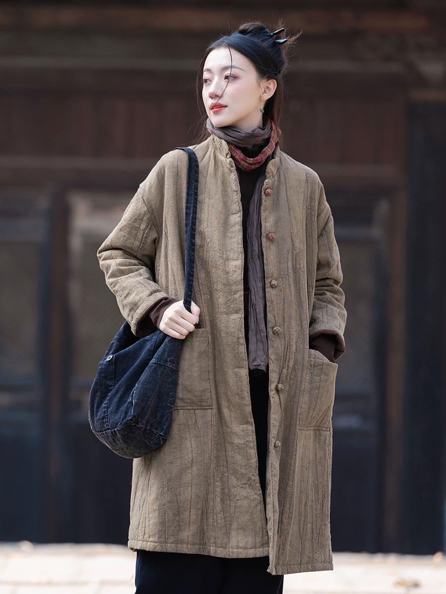 

Johnature Женские зимние пальто-стойки в китайском стиле, однотонные, с карманами в стиле пэчворк, с длинными рукавами One Size