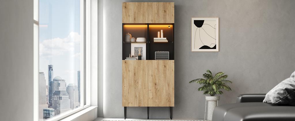 Modern Tall Cabinet with 10 Storage Compartments and Glass Doors, LED Lighting - 80*35*180cm (W/H/D), Natural Wood Color + Black, Display Cabinet