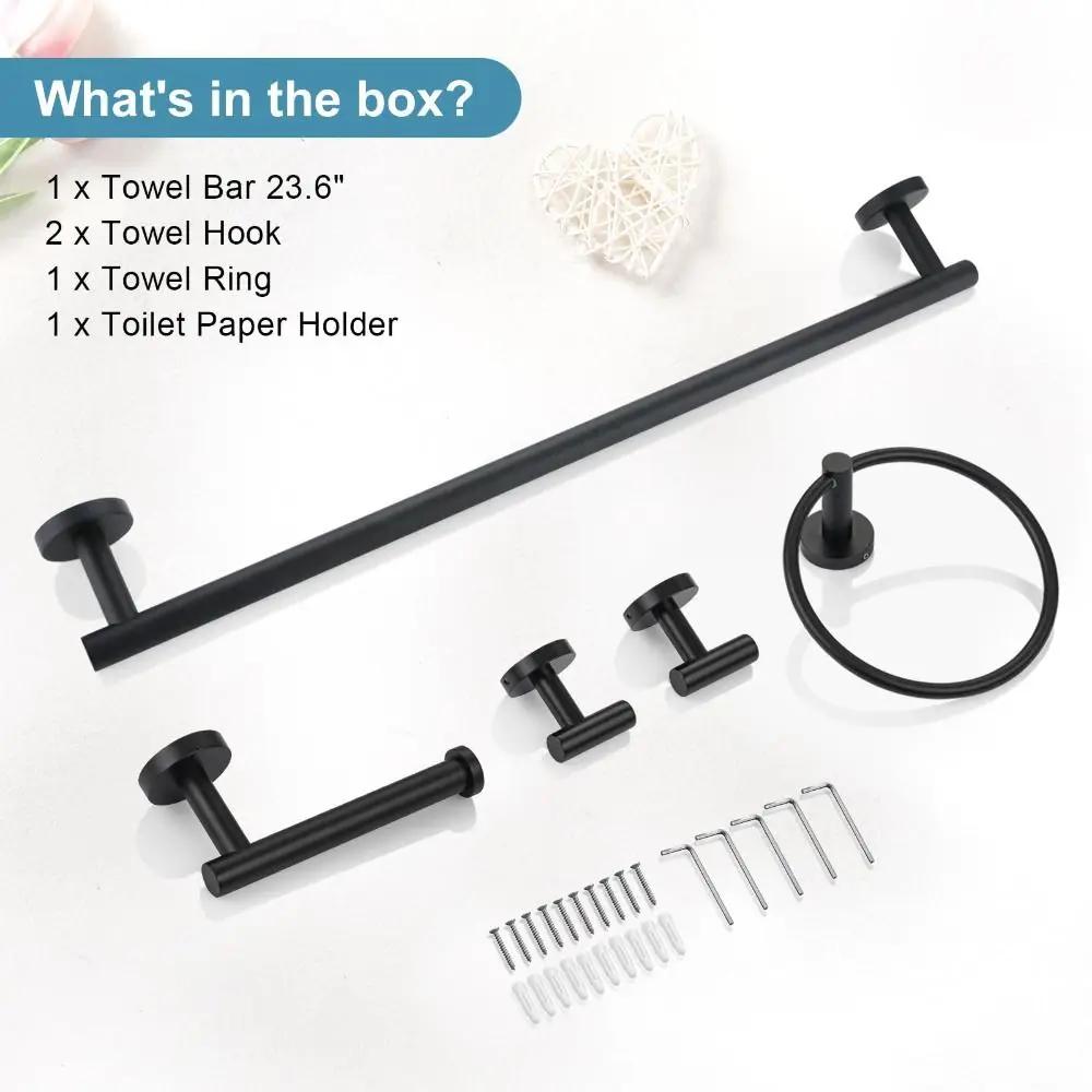 5 Pieces Black Towel Bar Set Stainless Steel Rustproof Bath Towel Holder Easy Installation Bathroom Hardware Set Hotel
