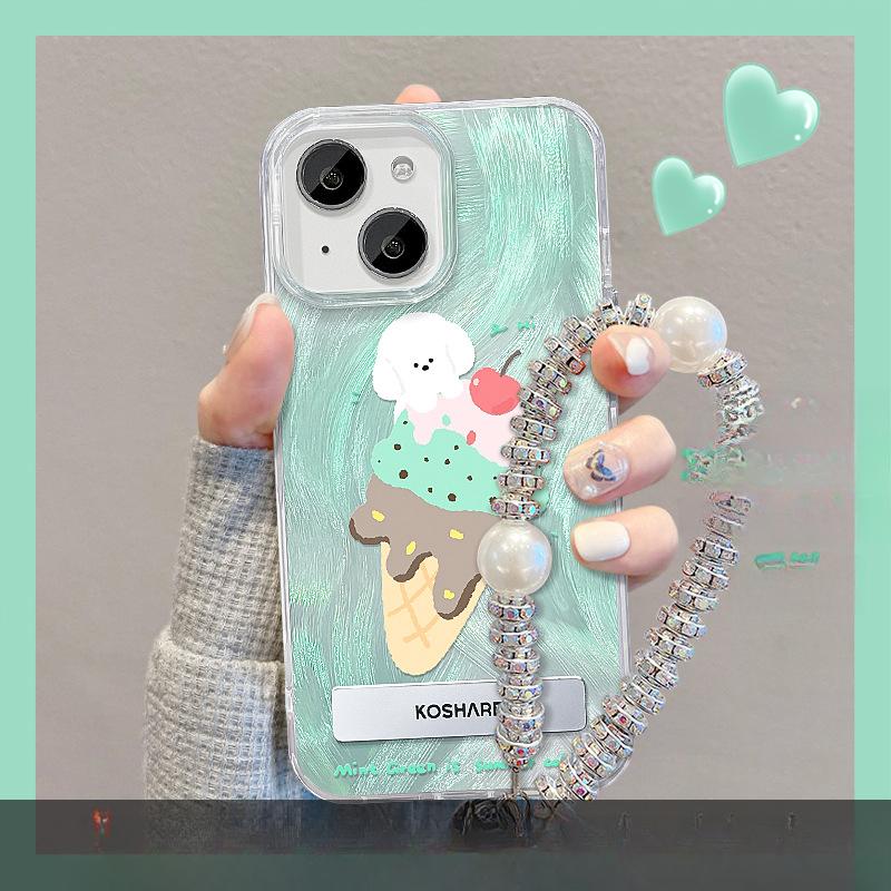 Suitable for Apple 15 Mobile Phone Case Summer Iphone14 Cute Ice Cream Animal Stand Chain 13 Feather Yarn 12 Women