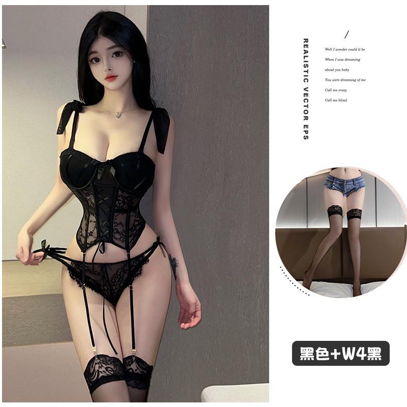 New European And American Lingerie Sexy Temptation Bow Tie Lace Keel Body Steel Ring Gathering Small Chest Suspender Uniform Set