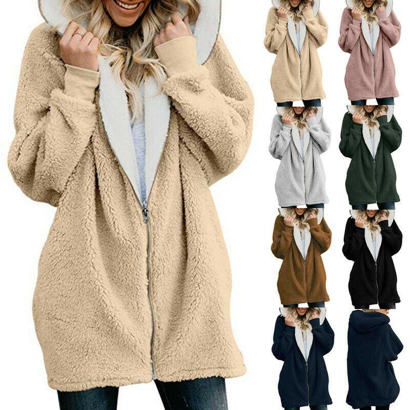 Cozy Women Ladies Warm Teddy Bear Fluffy Coat Hooded Faux Fleece Jacket Outwear For Ultimate Comfort