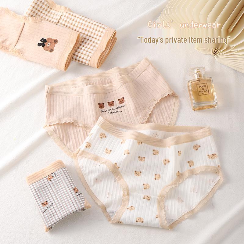 Baumwoll-Hipster-Slips für Mädchen im japanischen Stil, Khaki-Teddybär