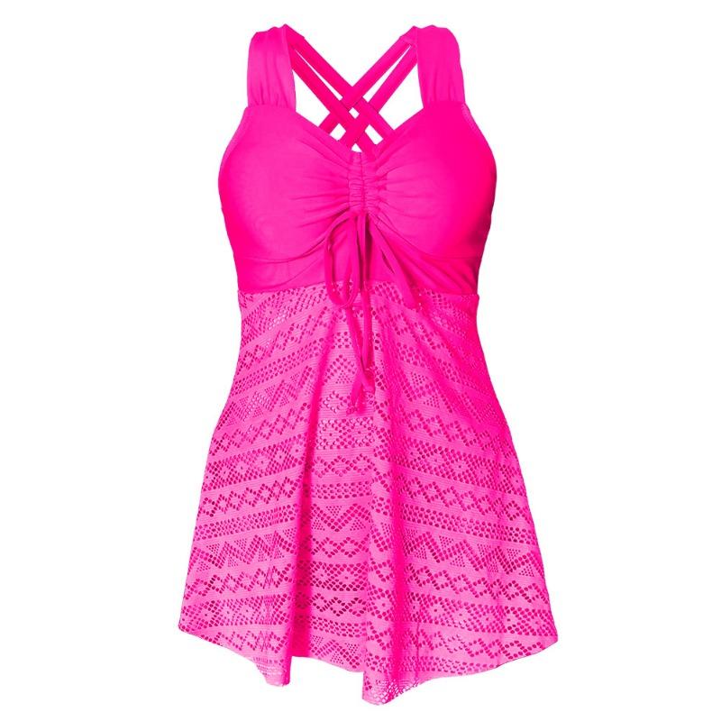 Women's Pink Lace Overlay Crisscross Back Drawstring Tankini Swimsuit