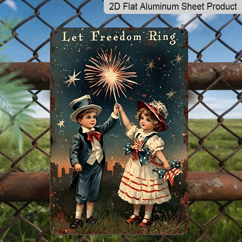

2D Flat Let Freedom Ring Vintage Kids Sparkler Aluminum Sign - 4th of July Wall Decor 4th of July Party, Independence Day Decor, Vintage Patriotic 20*30cm