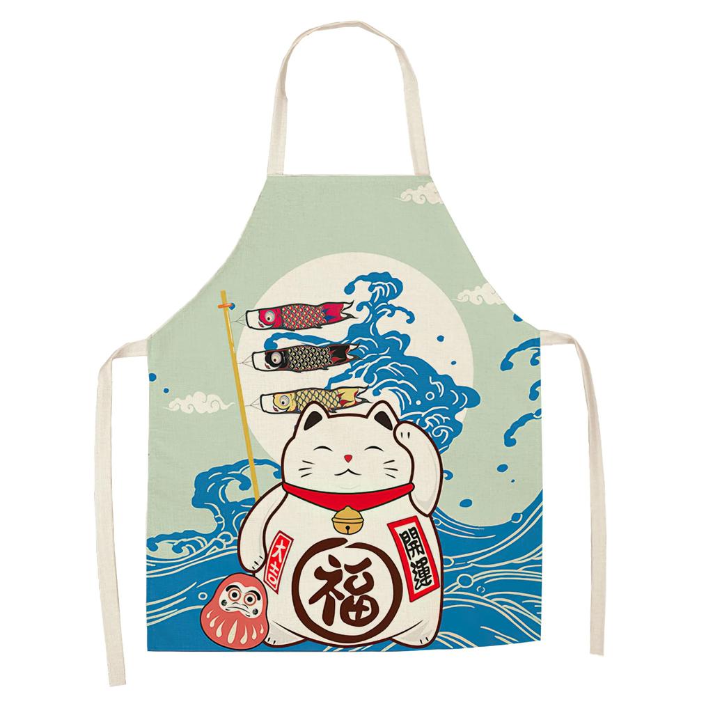 Cotton and Linen Apron Japanese Cartoon Lucky Cat Cooking Sleeveless Bib Waterproof Anti-greasy Kitchen Supplies Chef Apron