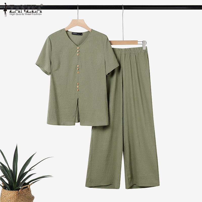 ZANZEA Women Short Sleeve Blouse and Cropped Pants Summer Two Piece Suit Sets