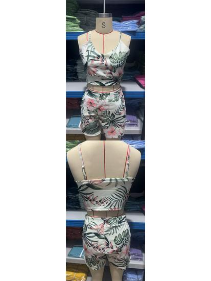 European and American Women's Summer Spaghetti Strap Slim-Fit Printed Shorts Set