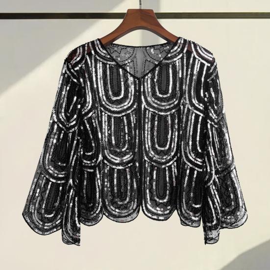 Retro Shawl Jacket Soft Lightweight Glitter Sequin Embellished Outerwear Vintage Style Wrap Perfect Evening Accessory