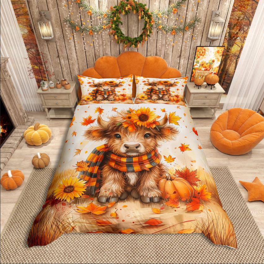 Homewish Herbsternte Kürbis Bettbezug Set, Thanksgiving Tag für Teenager Bettwäsche Set, Botanische Pflanzen Bettdeckenbezug Set