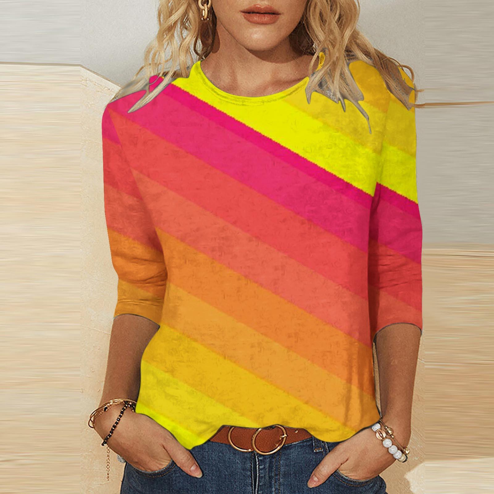 

Модная и энергичная контрастная футболка с радужным градиентным полосатым принтом, с круглым вырезом, длинными рукавами, свободного кроя, повседневная, женская S