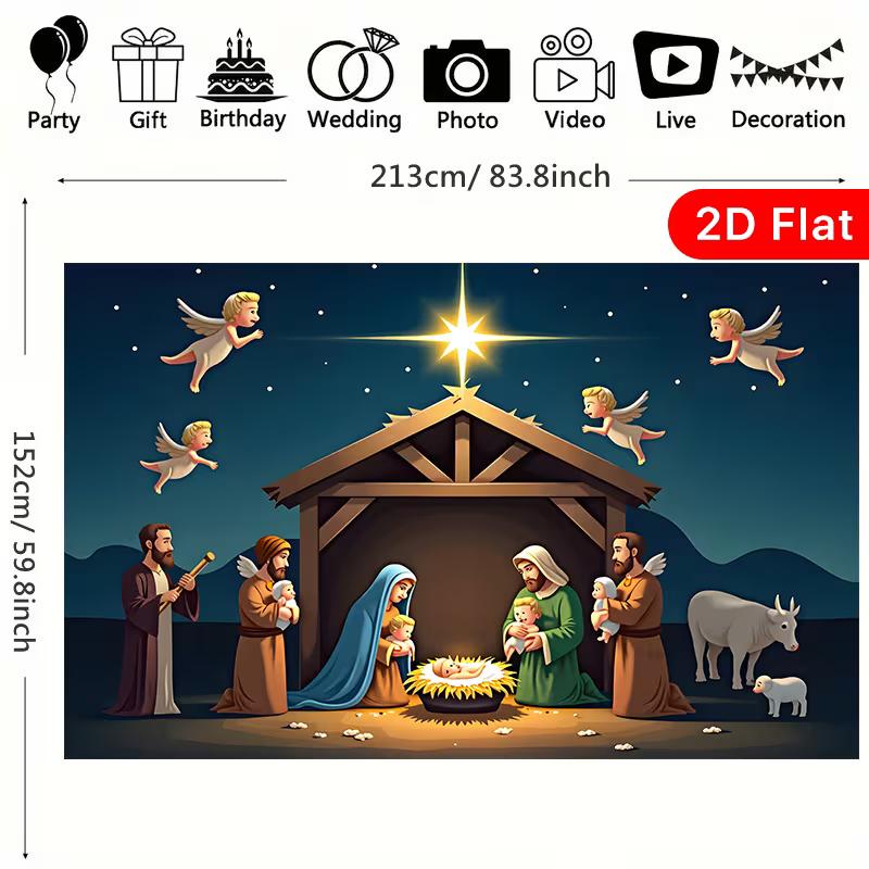 2D Cartoon Christmas Manger Stable Backdrop featuring the Holy Family, Angels and the Star of Bethlehem