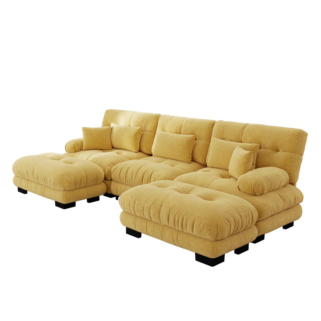 Luxuriöses Modulares Ecksofa - Überdimensionale U-förmige Wolken-Couch für das Wohnzimmer, Tiefe Sitzfläche, Umklappbares Schlafsofa mit Hocker, Gelb