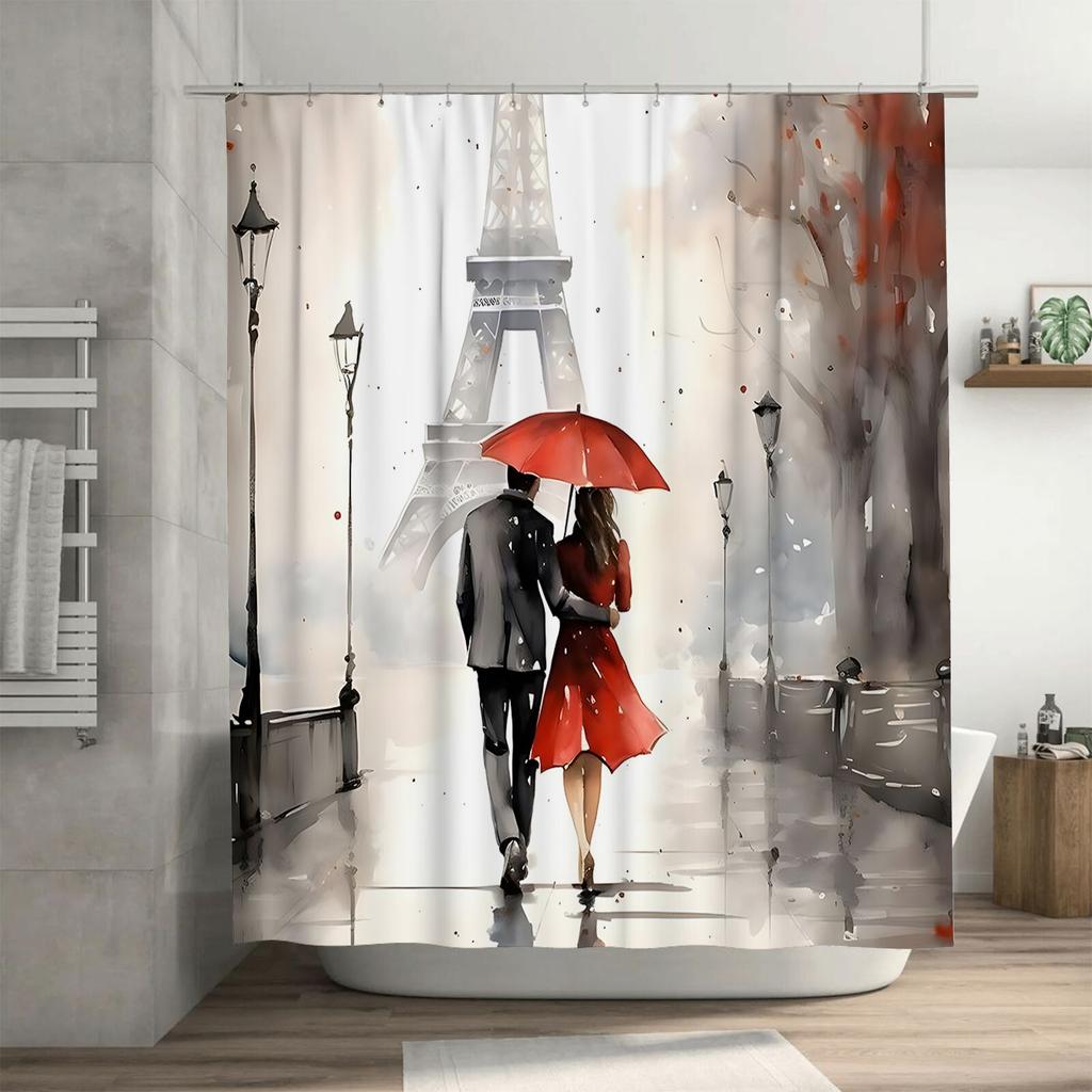 Romantic Paris Eiffel Tower Couple Under Red Umbrella Waterproof Shower Curtain For Bathroom Decor Waterproof Polyester