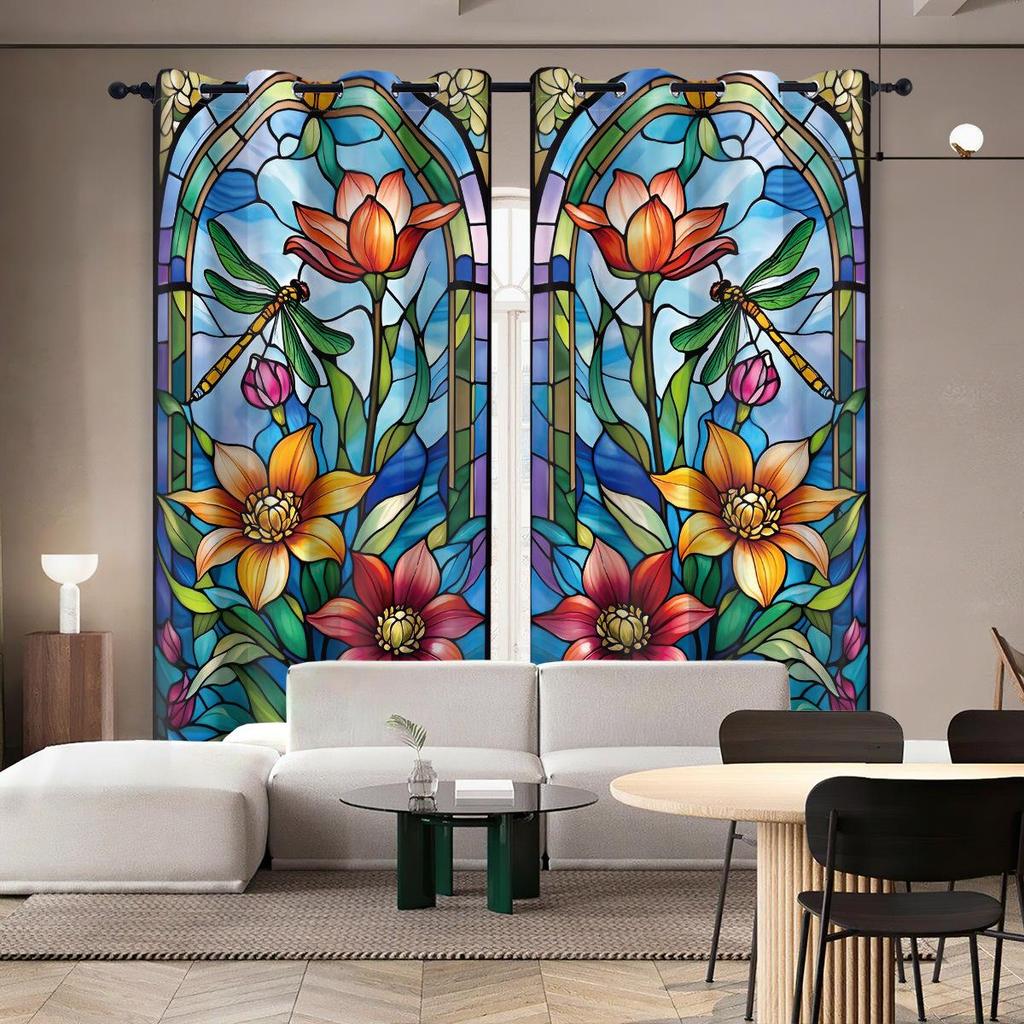 Dragonfly Pattern Glass Painted Blackout Curtains - Thickened Polyester, High Precision Sun Protection
