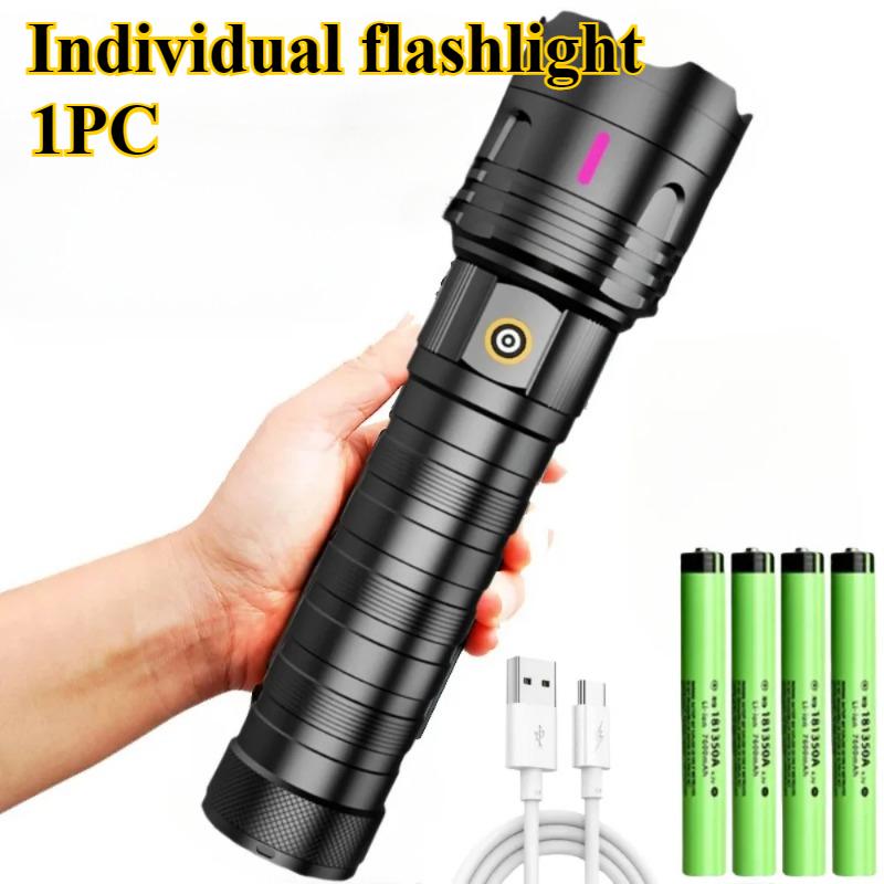 1/2PCS High Power Long Range LED Flashlight Zoomable Type-C Rechargeable Tactical Handheld Light for Outdoor Camping Fishing