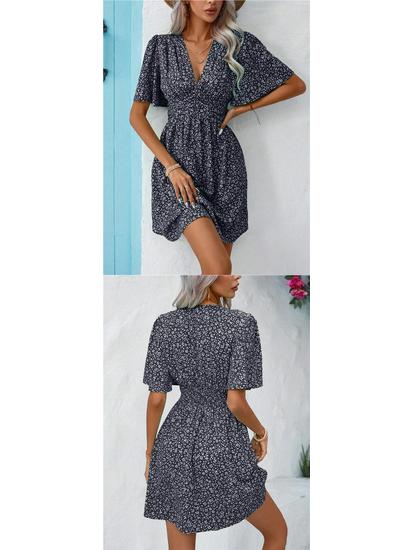 Summer Floral V-Neck Midi Dress with Pleated Skirt and Mid Sleeves