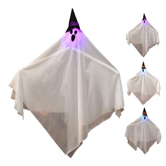 Halloween Hanging Light-up Ghosts Outdoor Flying White Cloth Ghost with Witch Hat for Front Yard Patio Lawn Garden Porch Indoor Outdoor Decoration