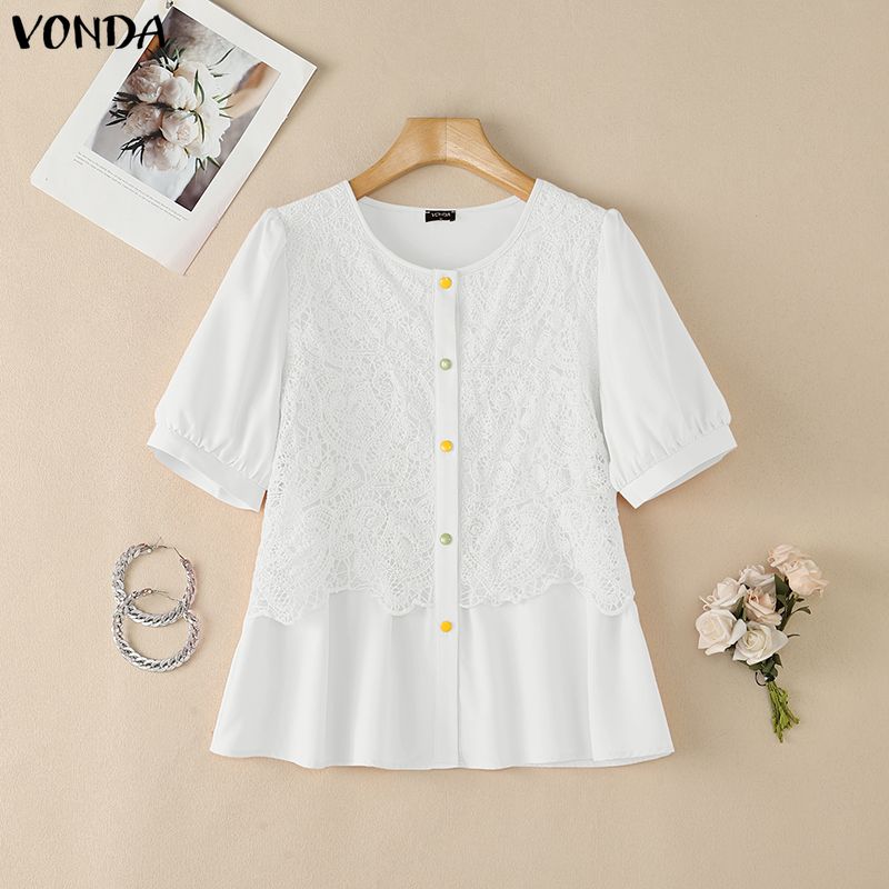 VONDA Women Short Sleeve Front Lace Crochet Casual Ruffled Blouse Shirts Tops