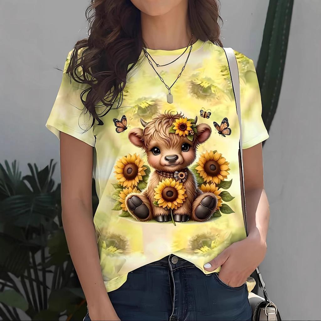 Summer Round Neck 3D Animal Pattern Print Top Fashionable Casual Short Sleeved Women's T-shirts