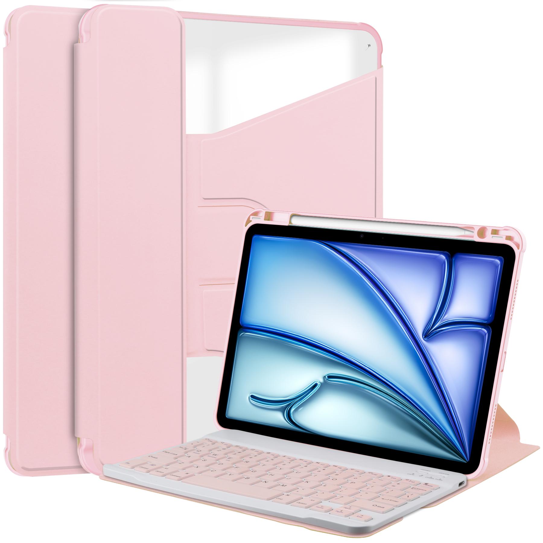 

For iPad Air 11 (2025)/(2024) Case 360-Degree Rotary Stand PU Leather+Acrylic Tablet Cover with Keyboard Pink
