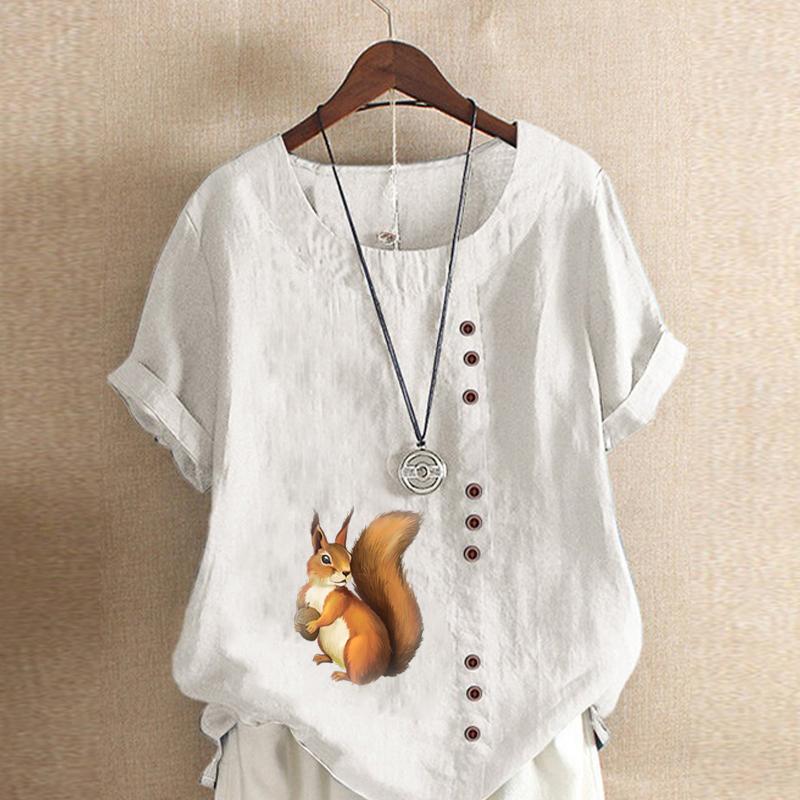 Women's Fashion Round Neck Short Sleeve T-shirt Casual Cotton Linen Graphic Shirt Leisure Loose Squirrel Prined Summer Blouse Tops