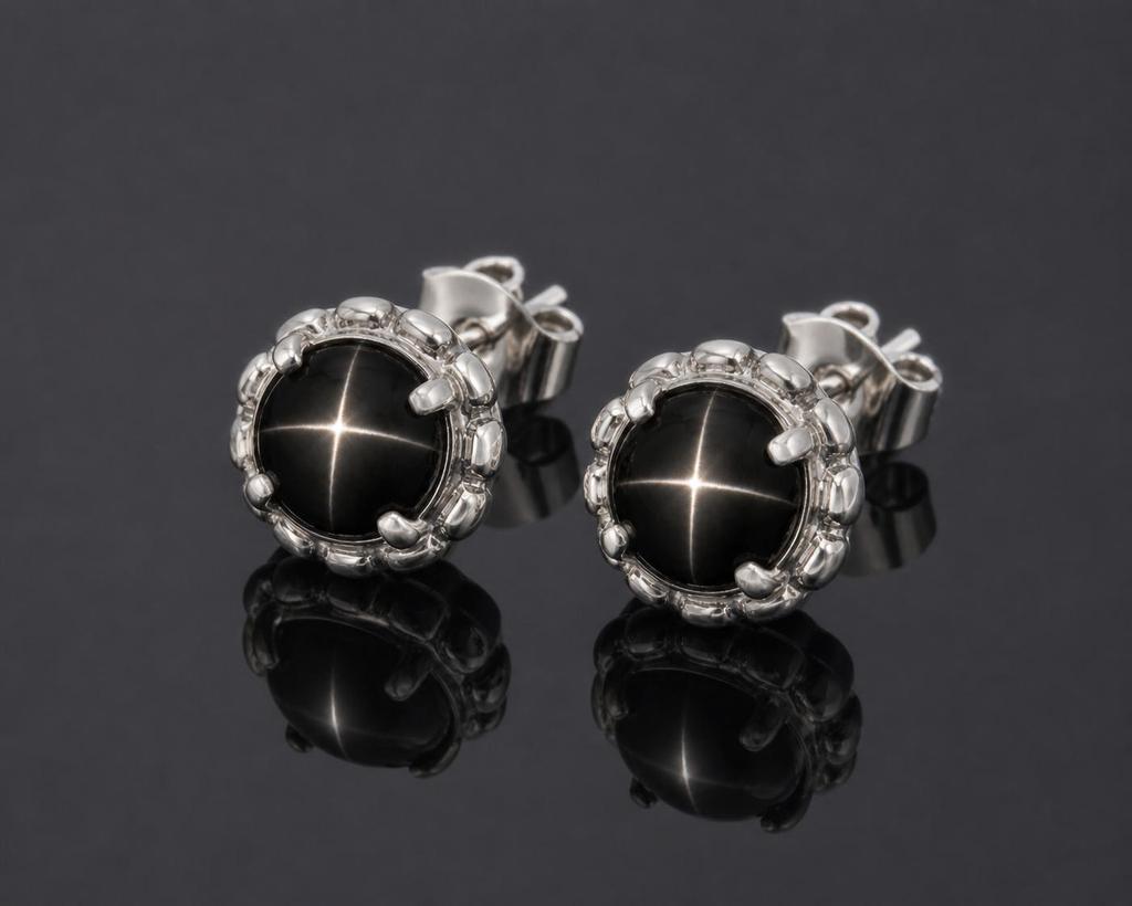 Vintage Black Lindy Star Sapphire Earrings, 925 Sterling Silver Studs, Round Shape Star Gemstone