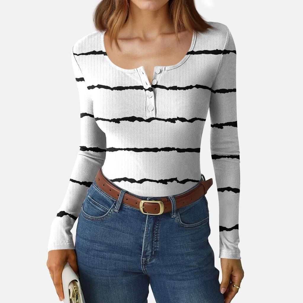 Women's Slim Bottom T-shirt Fashion Casual Gradient Printing Round Neck Pullover Long Sleeve Top