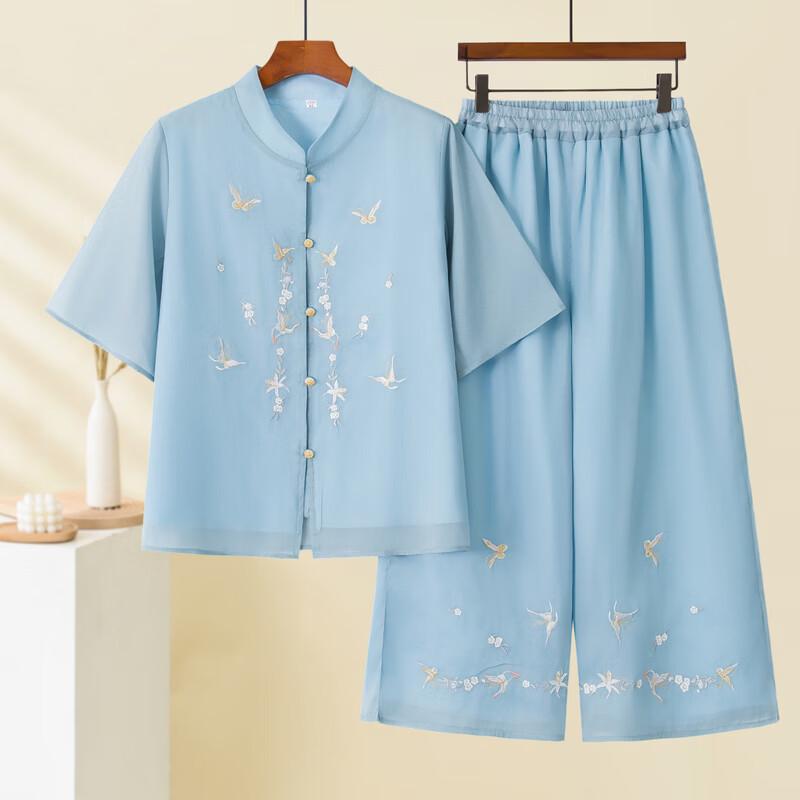 Langsha Mid-Aged Women's Embroidered Summer Two-Piece Set