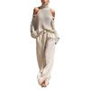 Off-Shoulder High Neck Knit Sweater and Wide Leg Pants Set In Beige